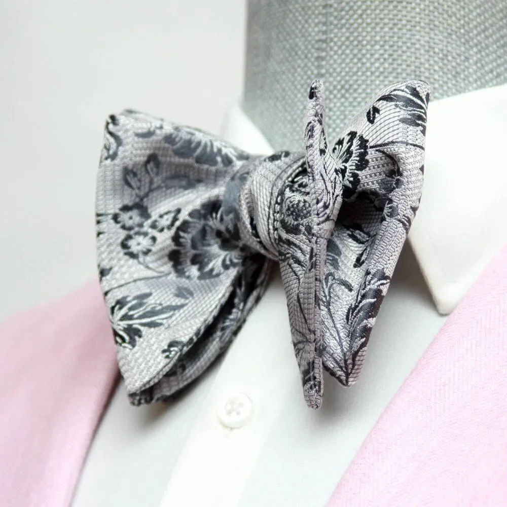 Men's‎ Self-tied Bow Tie 100%Silk Big Butterfly Floral grey S693